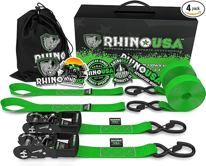 RHINO USA Ratchet Straps Tie Down Kit, 5,208 Break Strength - Includes (2) Heavy Duty 1.6" x 8' Rachet Tiedowns with Padded Handles & Coated Chromoly S Hooks + (2) Soft Loop Tie-Downs