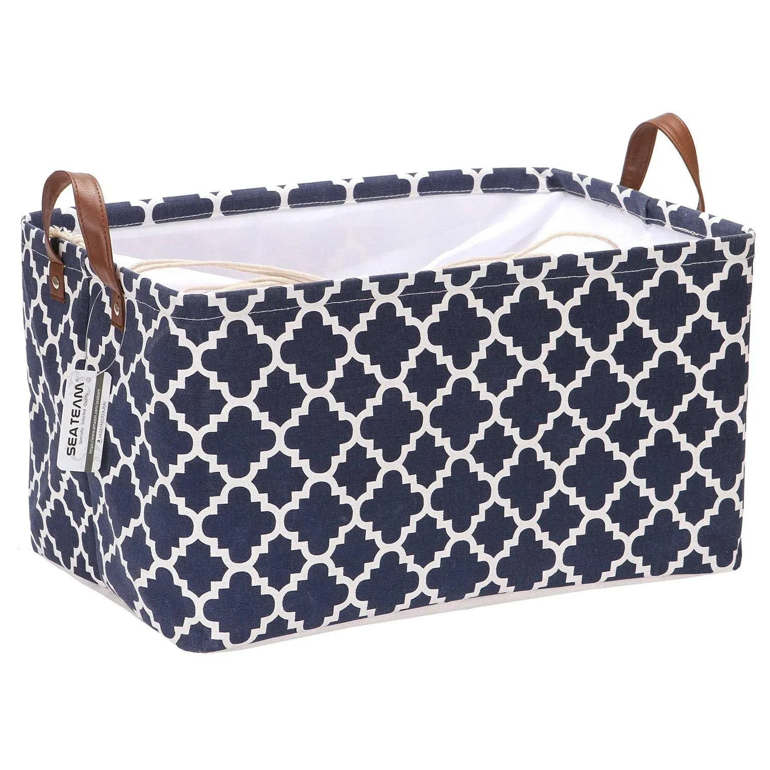 Sea Team Moroccan Lattice Pattern Canvas Fabric Storage Basket Collapsible Geometric Design Storage Bin with Drawstring Cover and PU Leather Handles