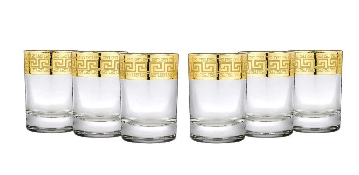 WORLD GIFTS Gold Rimmed Shot Glass Set Greek Key Pattern - No Lead Contemporary Drinkware 6-piece Set (Shot Rnd.)