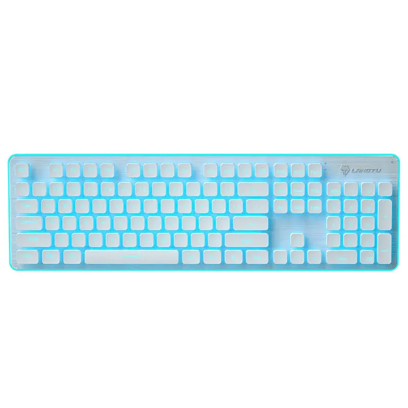 LANGTU LED Computer Keyboard, USB Wired Keyboard for Gaming and Office, All-Metal Panel 104 Keys Quiet Membrane Keyboard with Blue Backlit - L2 White/Silver