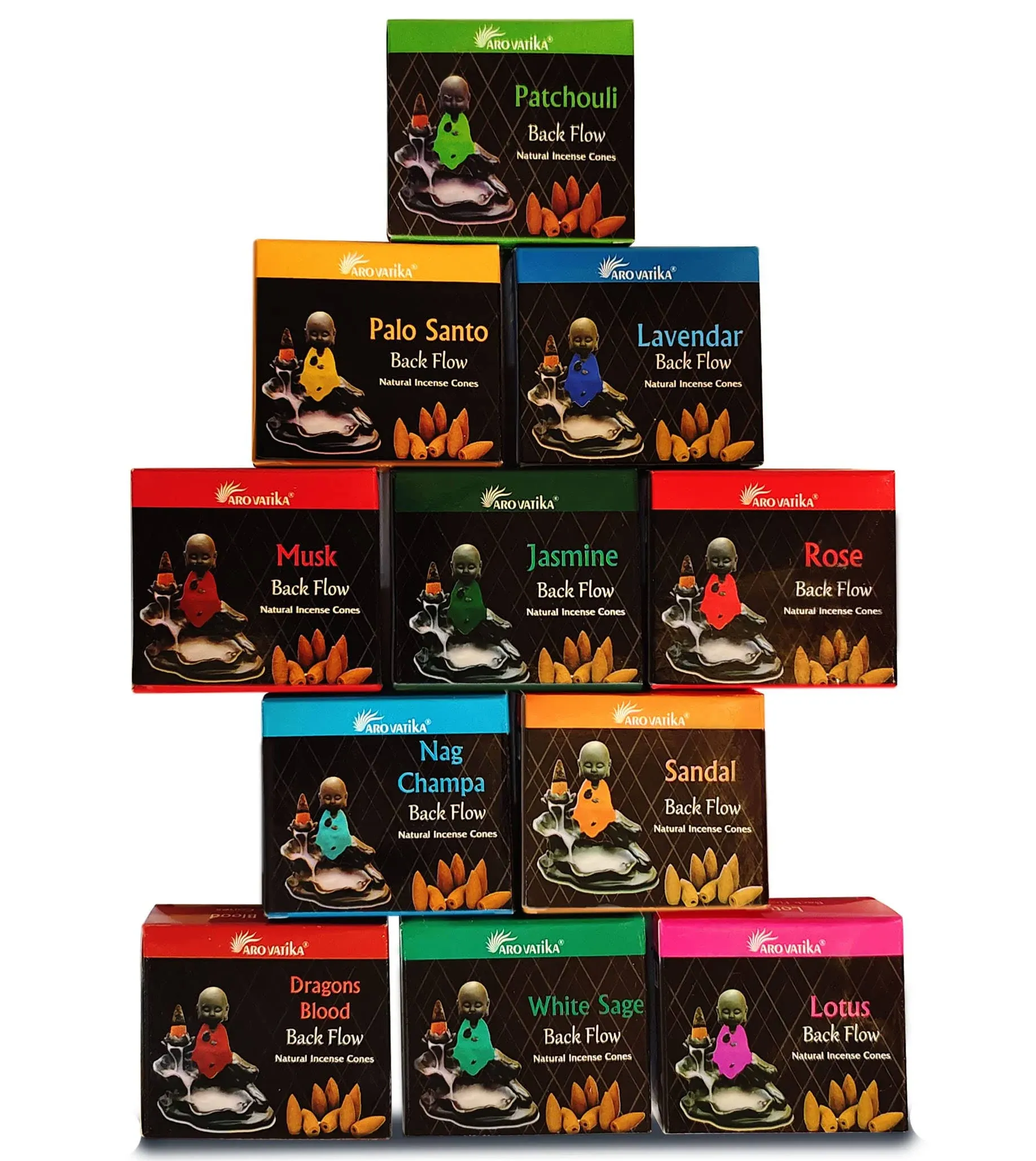 ARO VATIKA Backflow Natural Masala 120 Incense Cones | Pack of 12 Different Assorted Fragrances | for Home Fragrance & Prayers | Size 32mm | Burn Time- Approx 18 Minutes