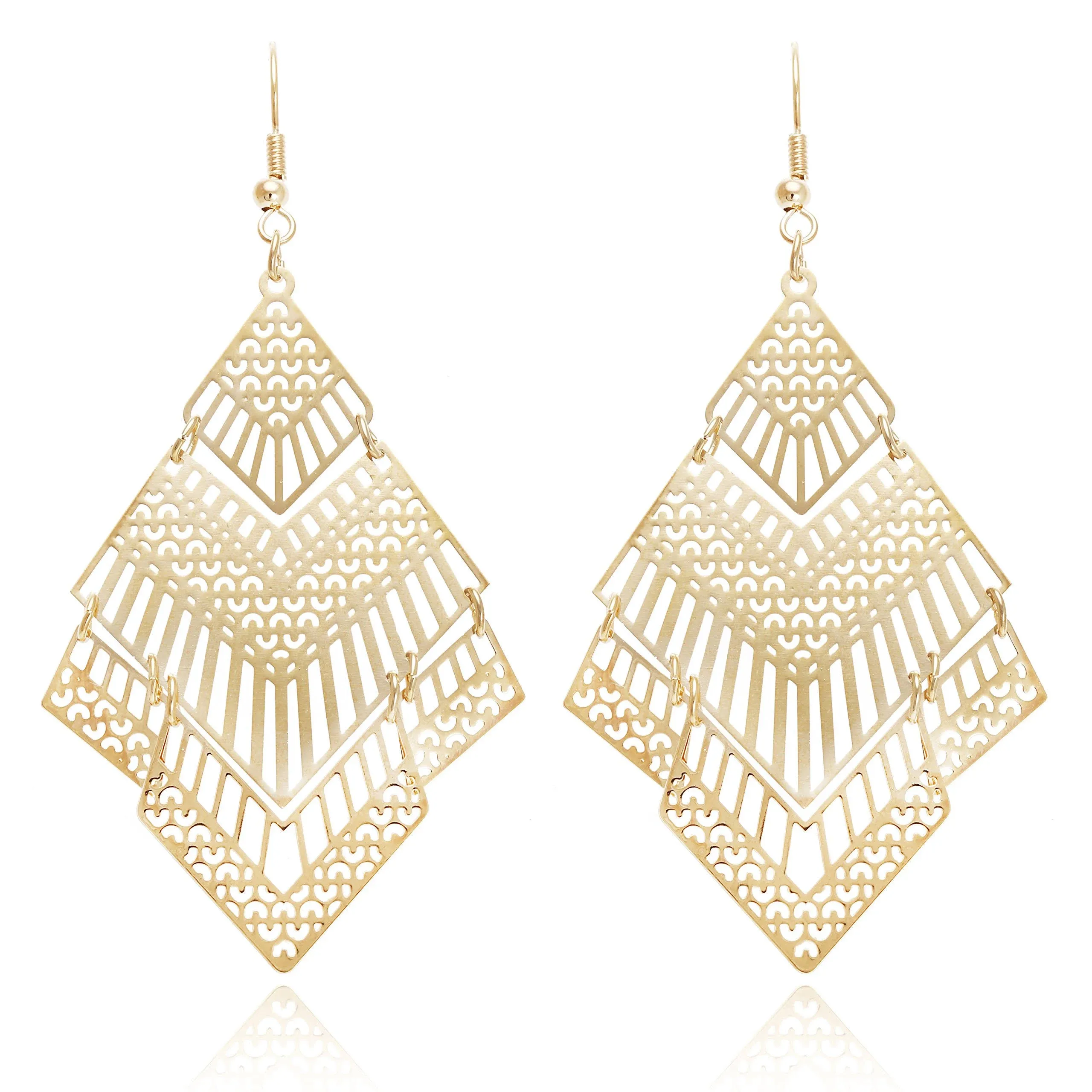 Boho Geometric Filigree Rhombus Shape Tiered Dangle Drop Statement Earrings