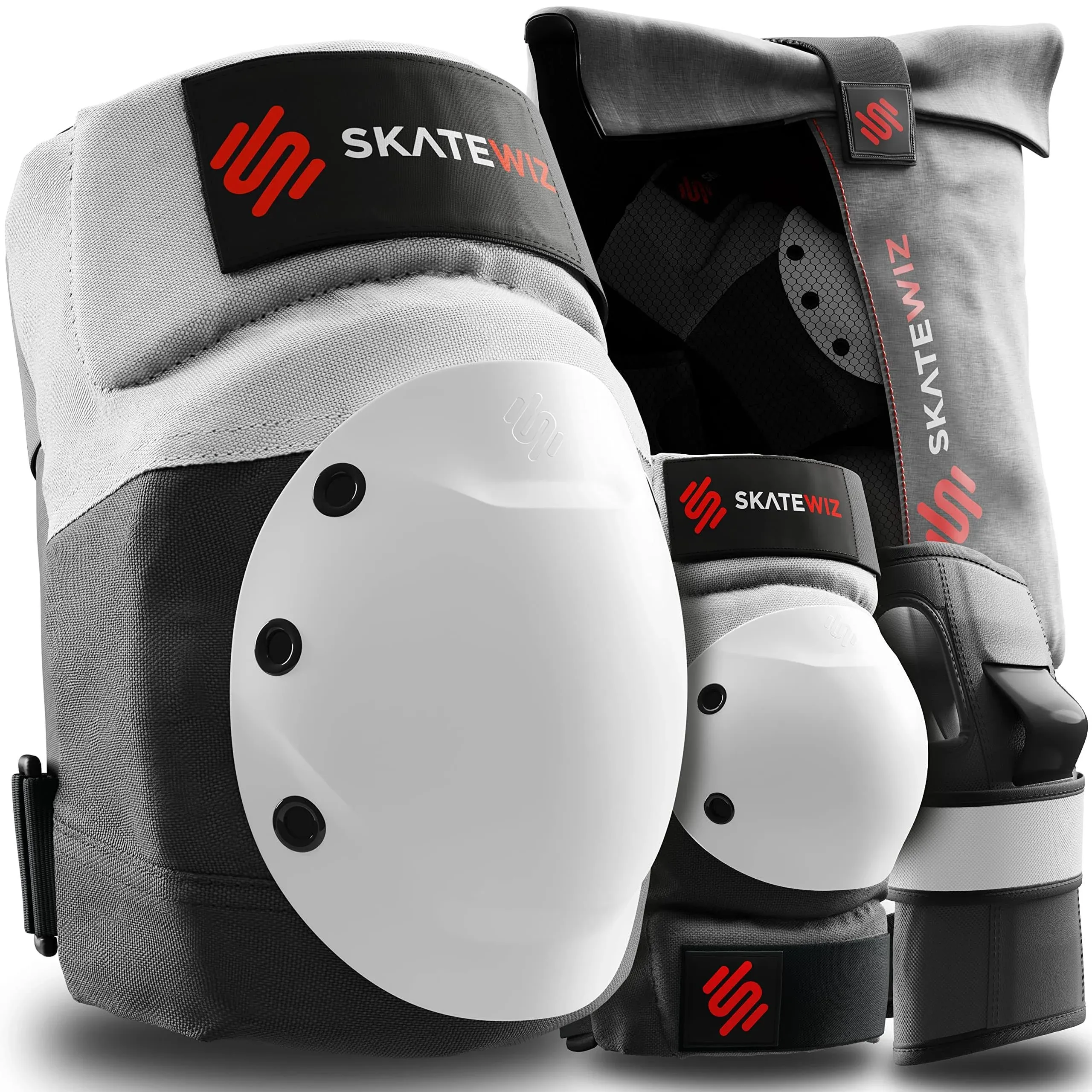 SKATEWIZ Adult Knee Elbow Pads Roller Skate Pads Adult Women [6pc] Shield Size ml in Grey White - Elbow Pads Set Wrist Guards - Skating Protective