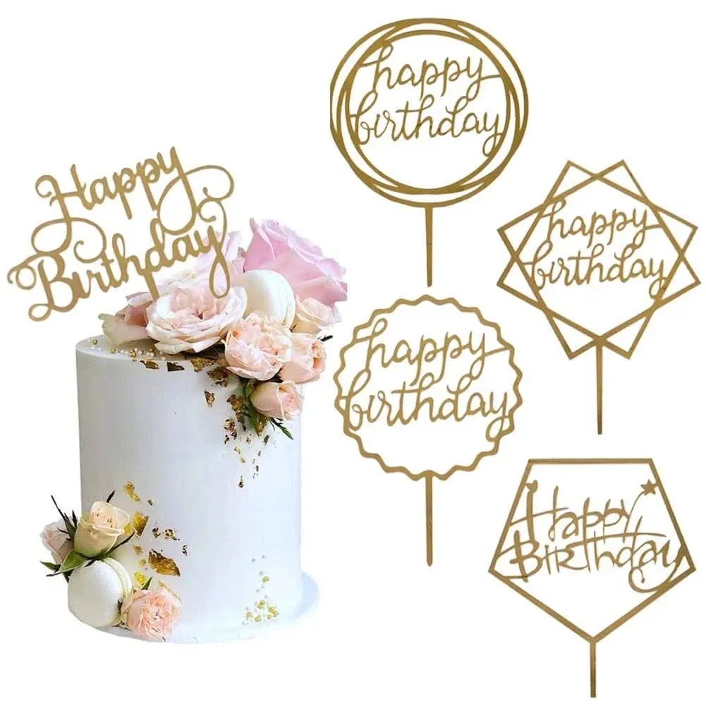 Gold Cake Topper Acrylic Cake Topper Happy Birthday Cake Topper Cake Decoration Supplies (5 Pieces)