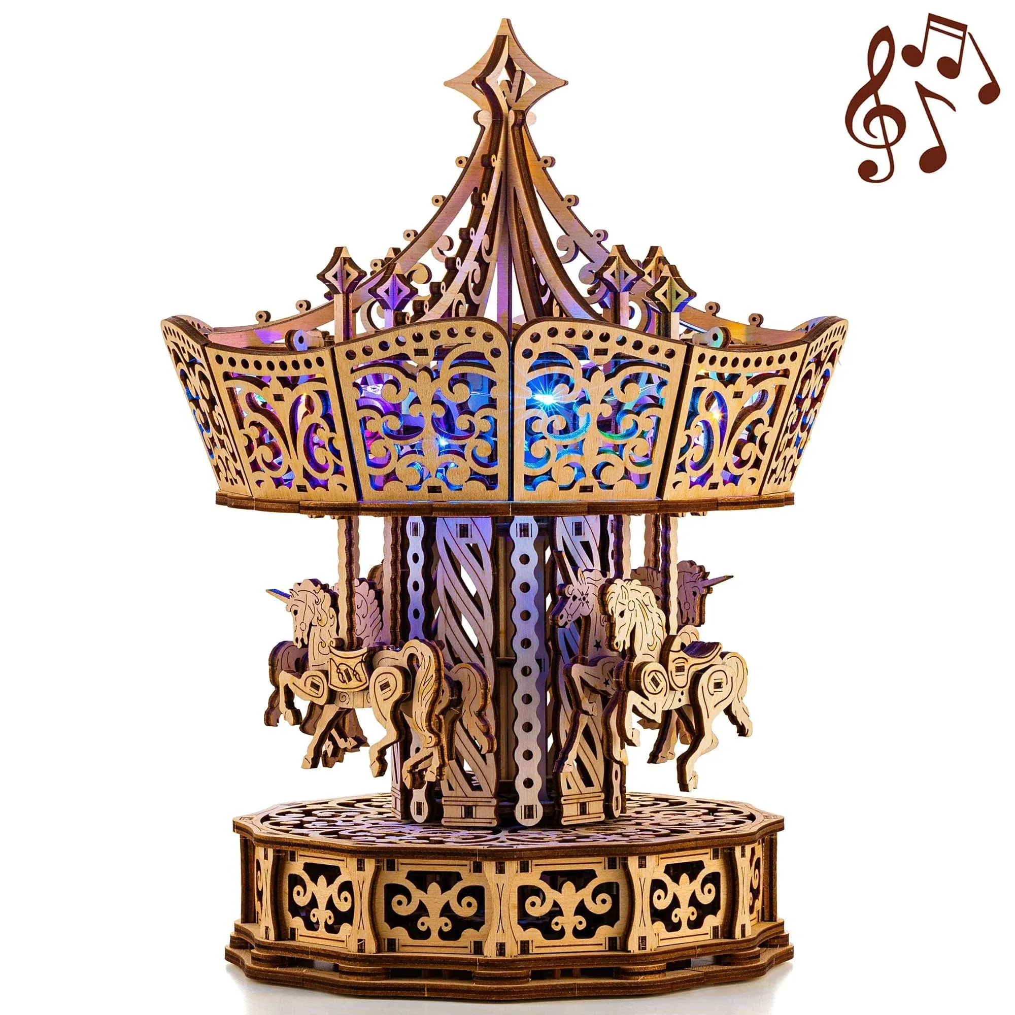 Wood Trick Parisian Carousel Music Box Rotating with Backlit - 3D Wooden Puzzles ...