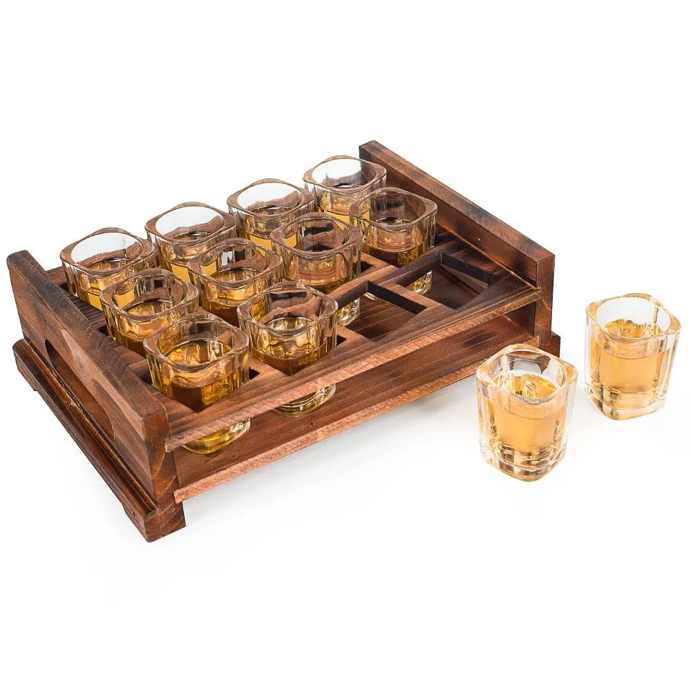  12 Shot Glass Server Square Shot Glasses Set with Rustic Burnt Wood Serving 