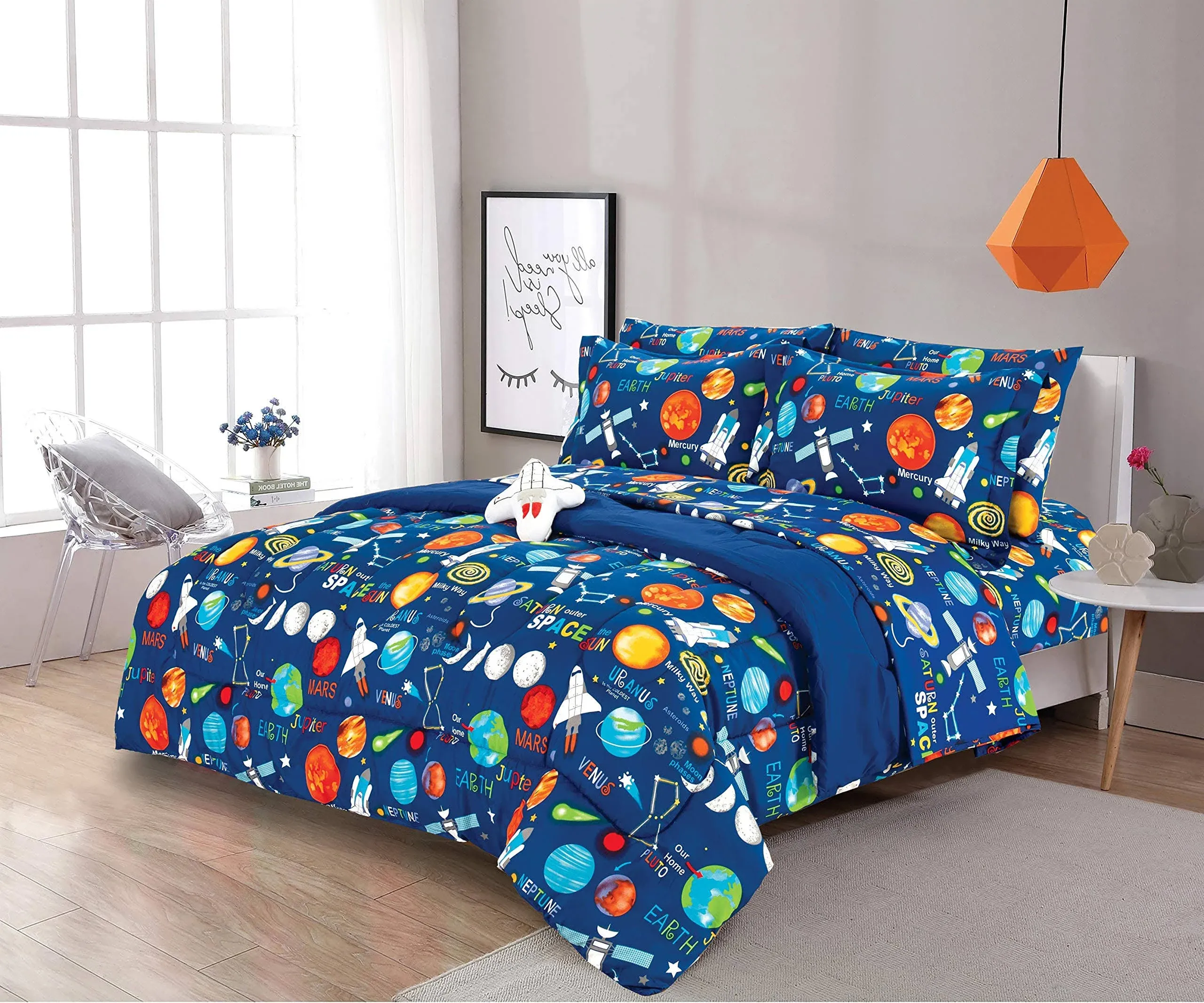 Home 8 Piece Queen Size Kids Boys Comforter Set Bed, Blue Multi Color Space.