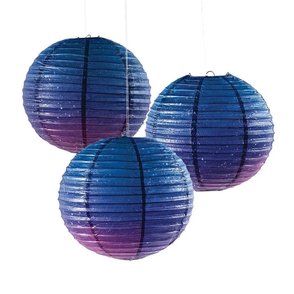 Fun Express Galaxy Print Paper Lanterns - Set of 3, each is 12 inch - Hanging Birthday Party Décor - VBS Vacation Bible School Supplies/Decor