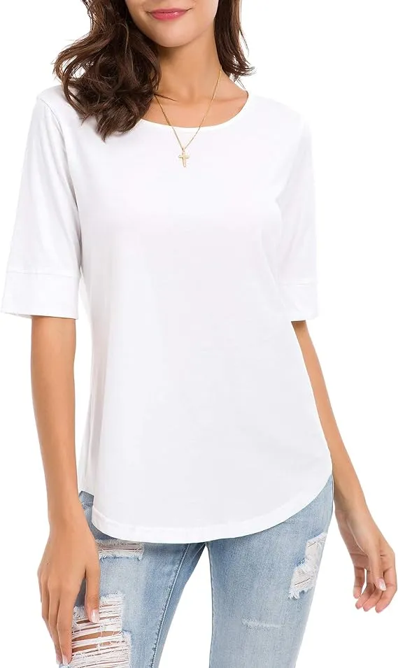 Womens Elbow Length Sleeve Tops Summer Fashion Cotton Blouses Casual Tunic Tee Shirts