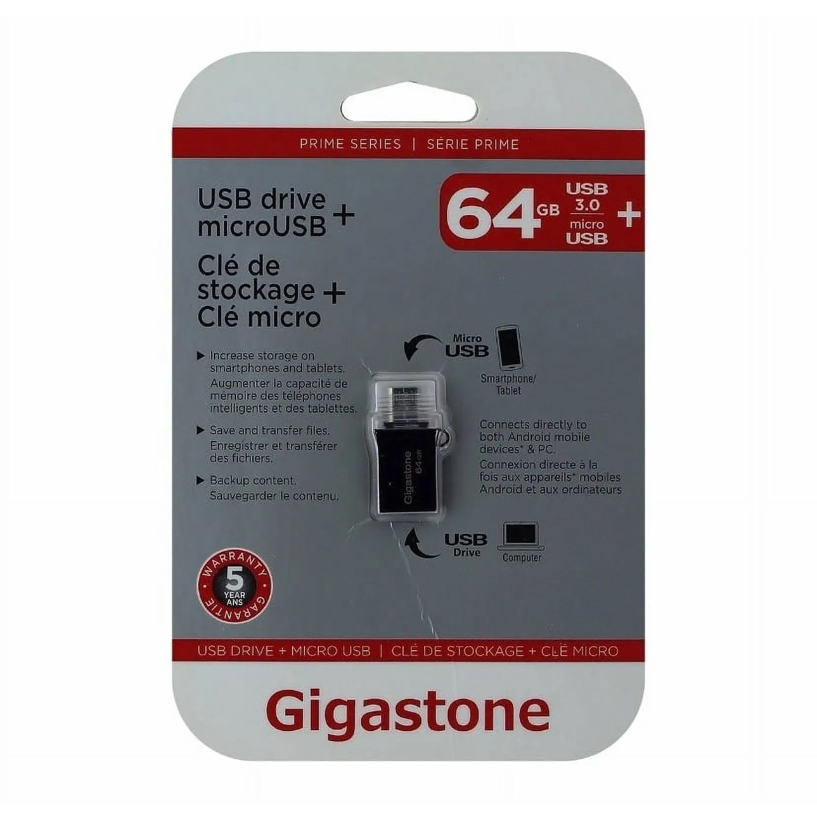 Gigastone 64GB USB 3.0 Flash Drive OTG with USB and Micro USB Dual Interfaces, 2 Ports, Durable Metal Alloy Memory Stick