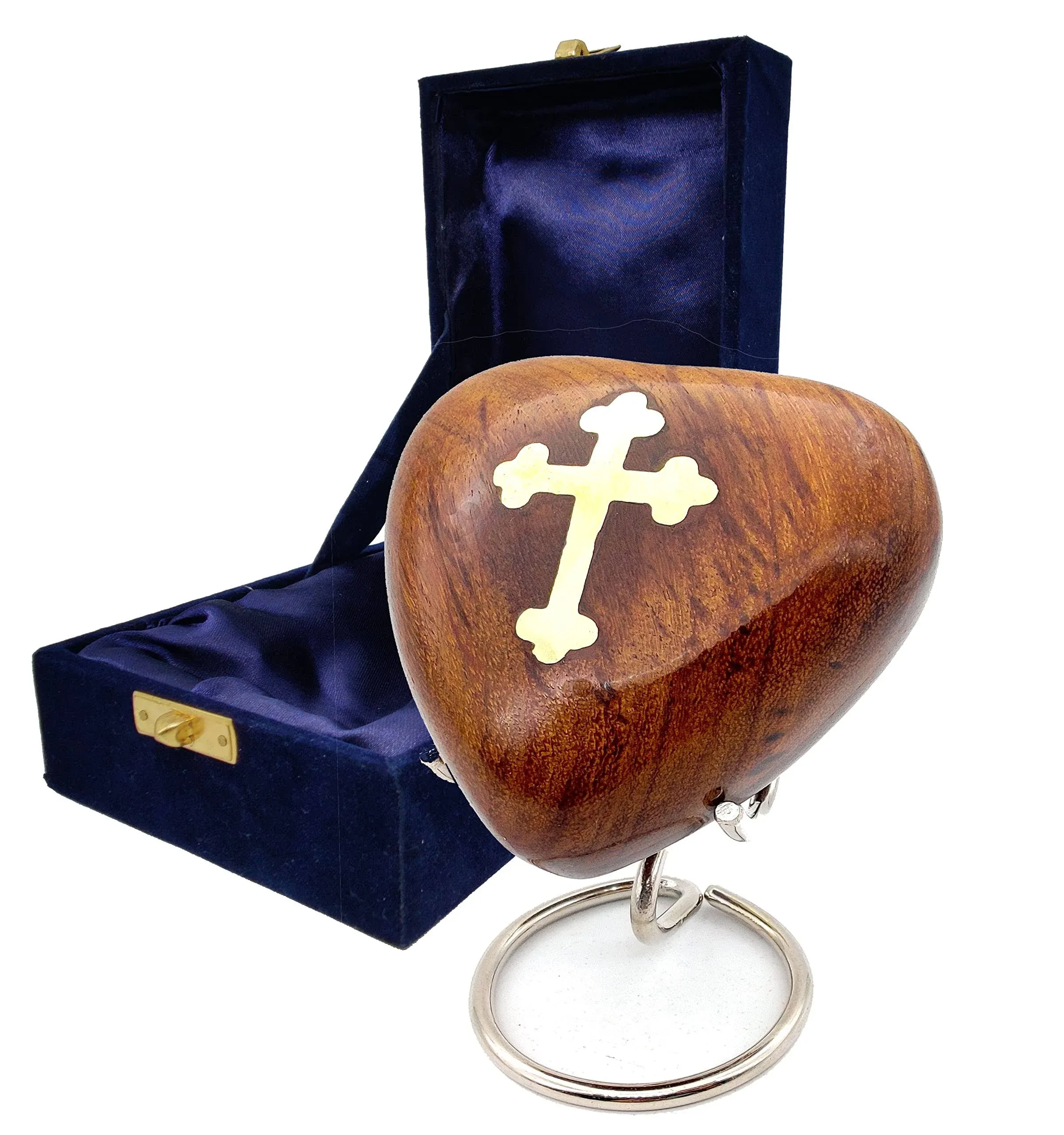 Cross Inlay Wooden Heart Keepsake Mini Ash Urn Small Handcrafted Cremation Urn for Ashes Tribute Your Loved One with Premium Box and Stand