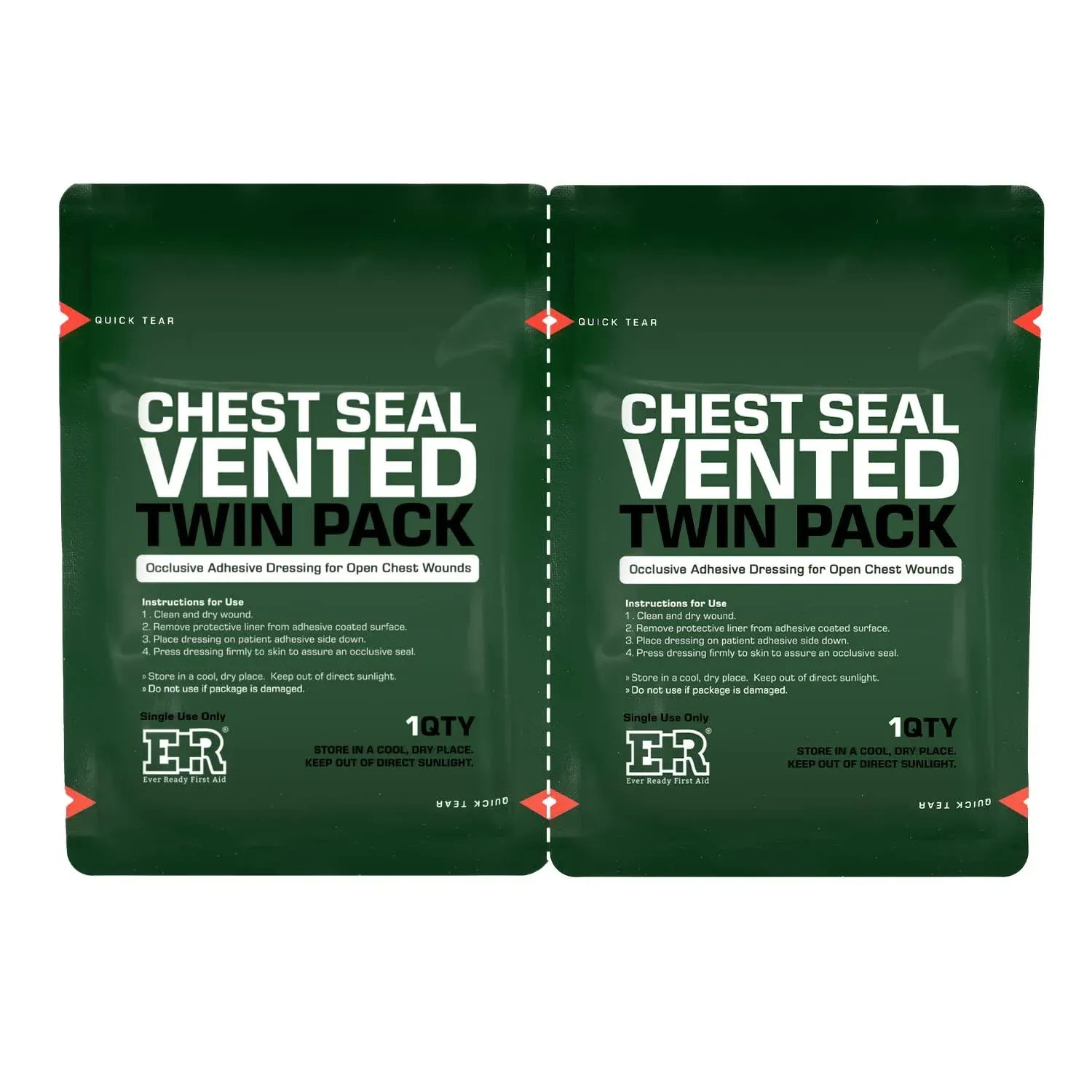 Ever Ready First Aid Vented Chest Seal with Quick Tear Twin Pack- 6.6” Square Occlusive Adhesive Dressing for Open Chest Wounds