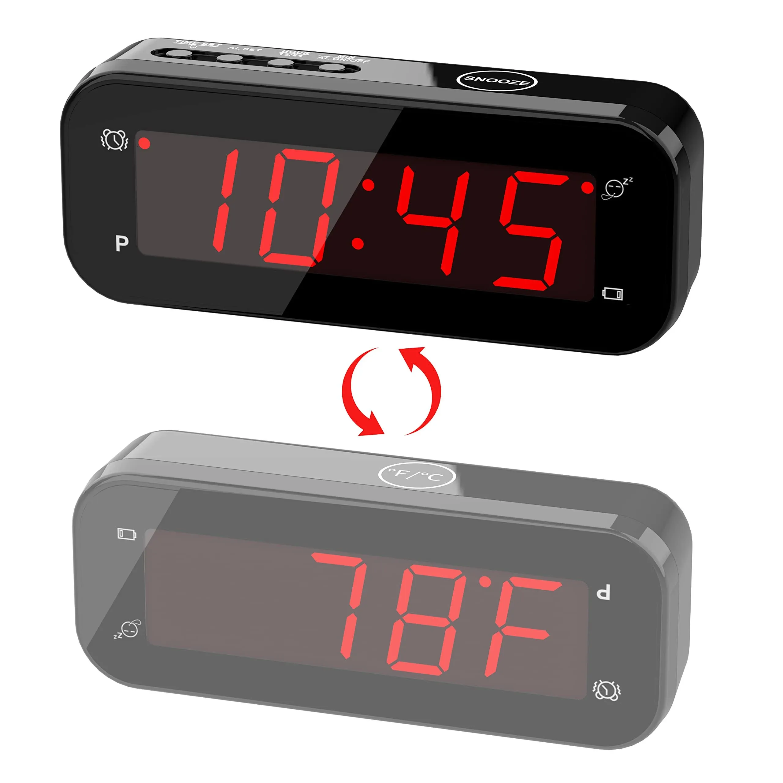 2 in 1 Alarm Clock, Indoor Thermometer, Digital Clock,Turn it Over, Temperature Display, 12/24Hr, °C / °F, Adjustable Brightness, Snooze, Battery Operated, Travel Clock, Alarm Clock for Bedroom