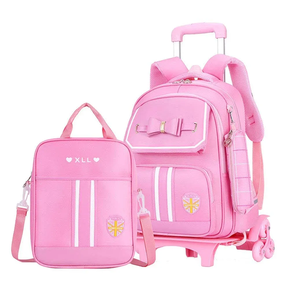 MITOWERMI Rolling Backpack for Girls Cute Trolley Bags Primary School Bookbags with Wheels Kids Carry-On Wheeled Backpack with Lunch Bag