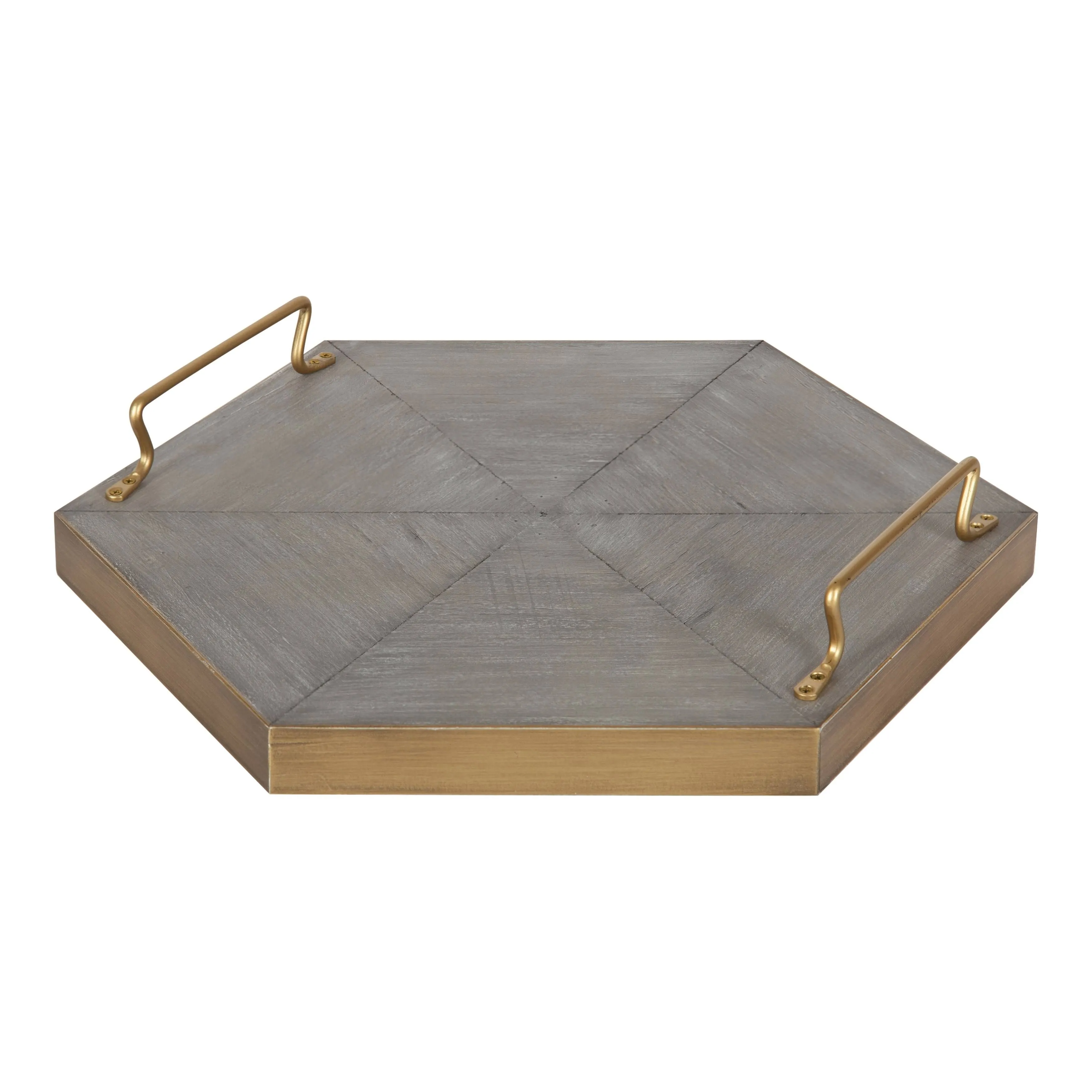 Kate and Laurel Sade Decorative Hexagon Tray with Handles, 16", Concrete Gray and Gold, Modern Tray for Ottoman, Centerpieces, Or Bathroom and Bedroom Decor