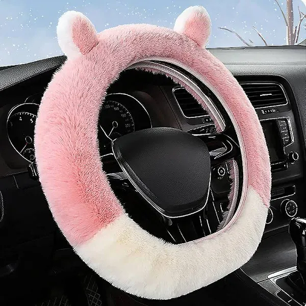 Fluffy Steering Wheel Cover Cute Fuzzy Pink Soft Plush Car for Women Universal 15 ...