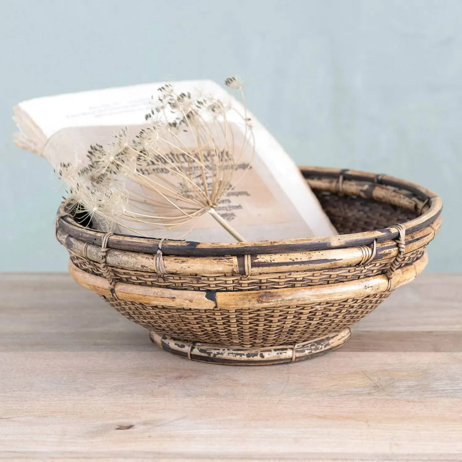 Antique Farmhouse Bamboo and Rattan Decorative Bowl