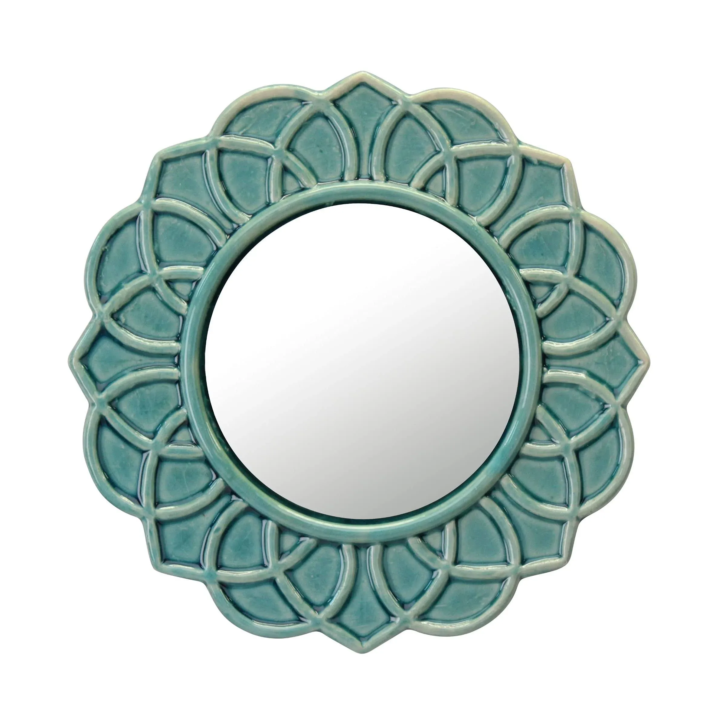 Stonebriar 9&#034; Turquoise Flower Art Pottery Ceramic Hanging Mirror -su