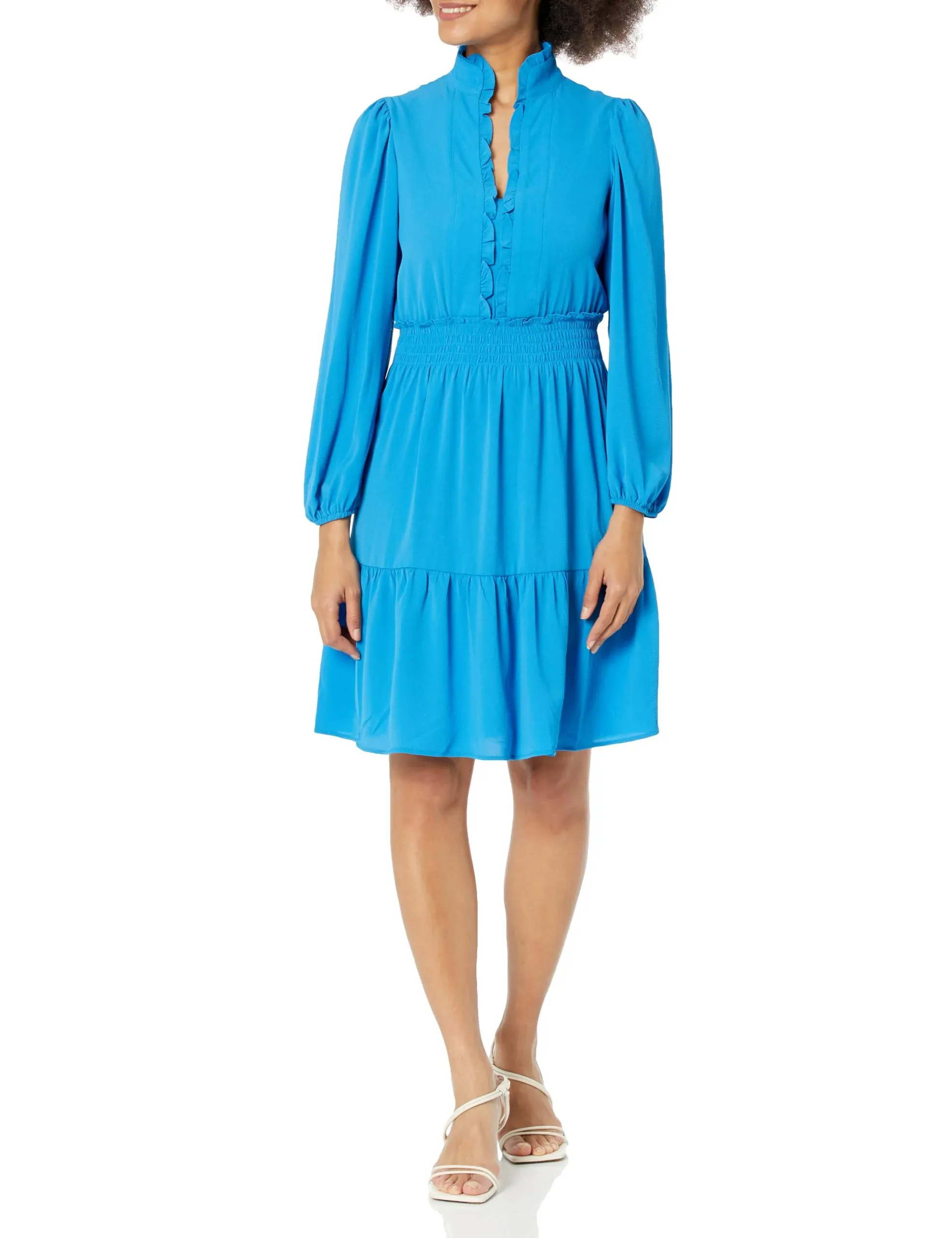 London Times Women's Stand Collar Tiered Dress with Smocking and Ruffle Details