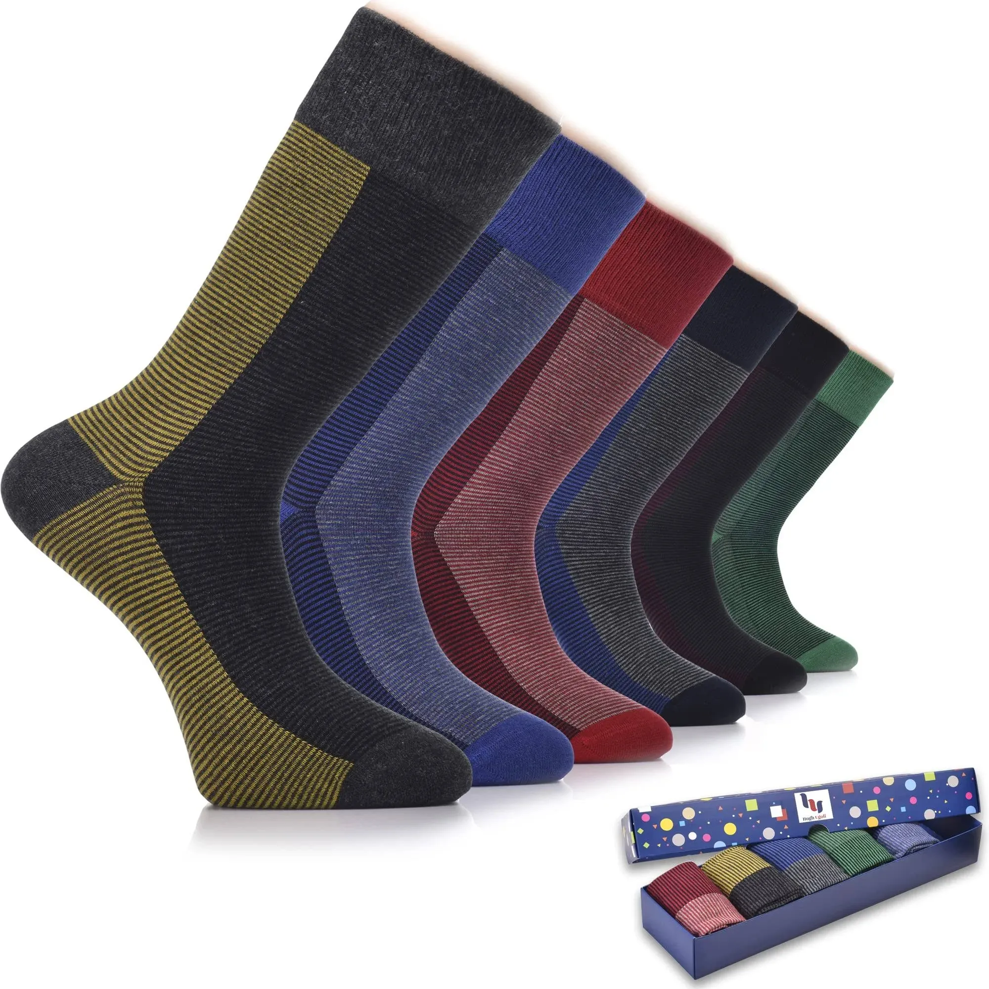 Hugh Ugoli Men Cotton Dress Socks for Business, Trouser | Patterned, Colorful Crew Socks in Gift Box, Shoe Size 7-12, 6 Pairs