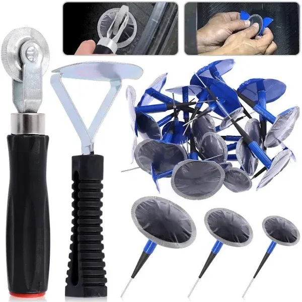 Glarks 26Pcs Tire Repair Patch Tool Kit Including 1Pc Tire Patch Roller, 1Pc Tire Inner Liner Scraper and 24Pcs 4mm/6mm/9mm Tire Repair Patch Plug for Car, Motorcycle, Electric Vehicle Repairing