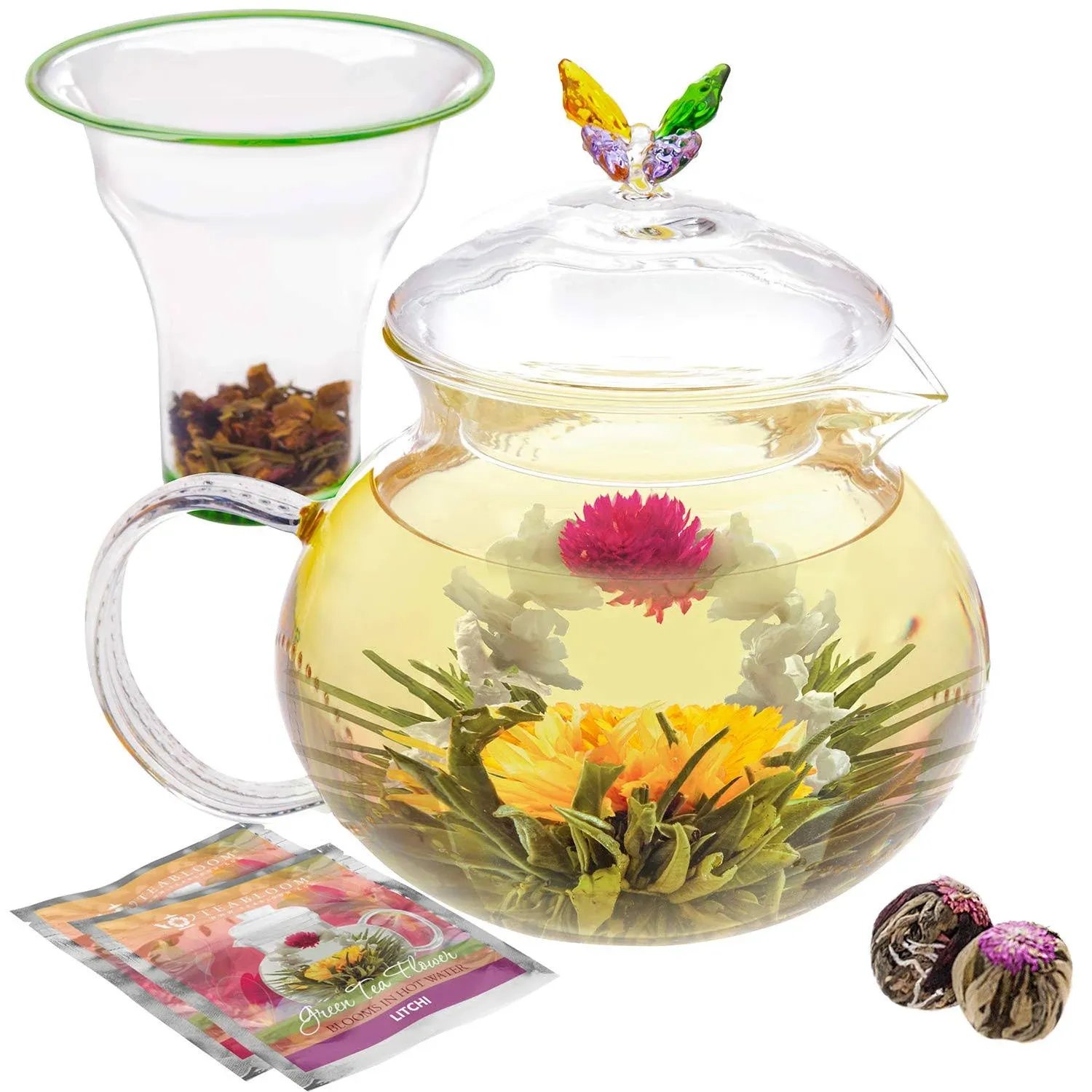 Teabloom Wings of Love Teapot - 40 oz. Borosilicate Glass Butterfly Teapot, Loose Leaf Tea Glass Infuser - 2 Free Blooming Tea Flowers included