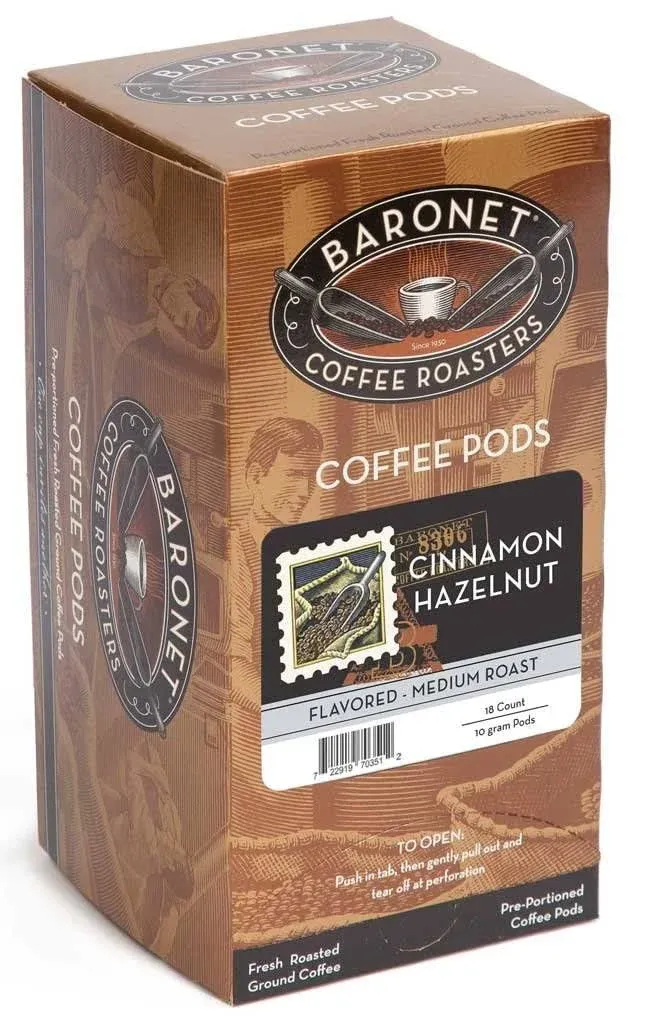 Baronet Coffee Pods [Cinnamon Hazelnut-54 Pods] Flavored Single Cup Use, Like Senseo Coffee Pods [3 Boxes of 18 Single Serve 10 Gram Pads] Regular Strength Soft Coffee Pods, Medium Roast [Cinn Hazel]