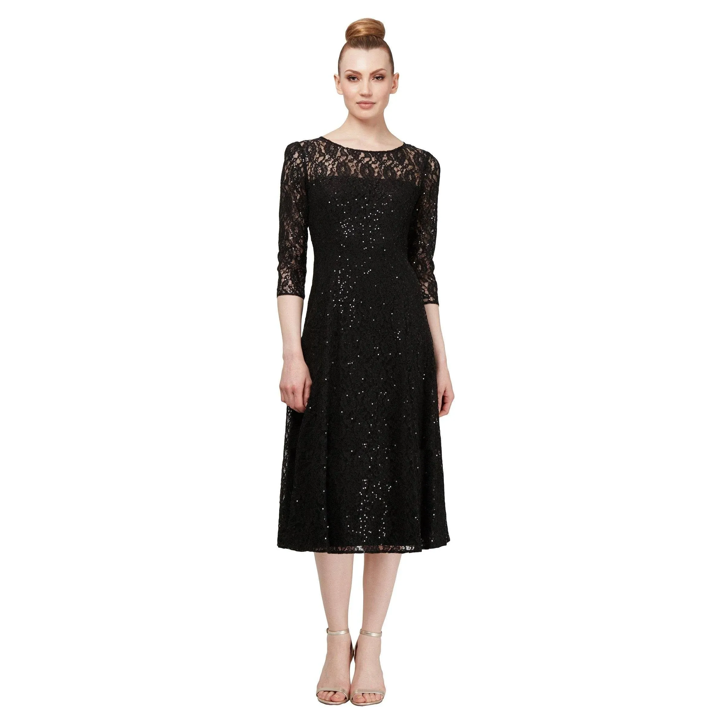 Slny Black Lace Sequin 3/4 Sleeve Dress