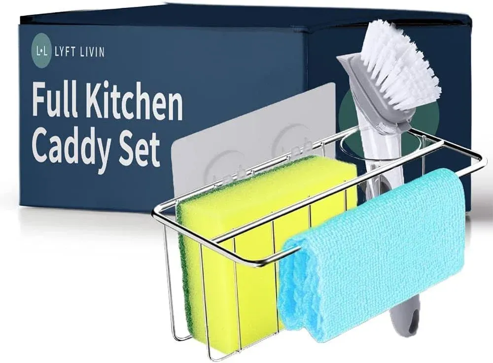 FULL SET Adhesive Kitchen Sink Caddy, Sponge Holder Sink Organizer Suction Stainless Steel Rustproof Kitchen Sink Caddy With Towel + Brush + Scrub For Sink Organizer Dish Sponge Holder Rack 4 in 1