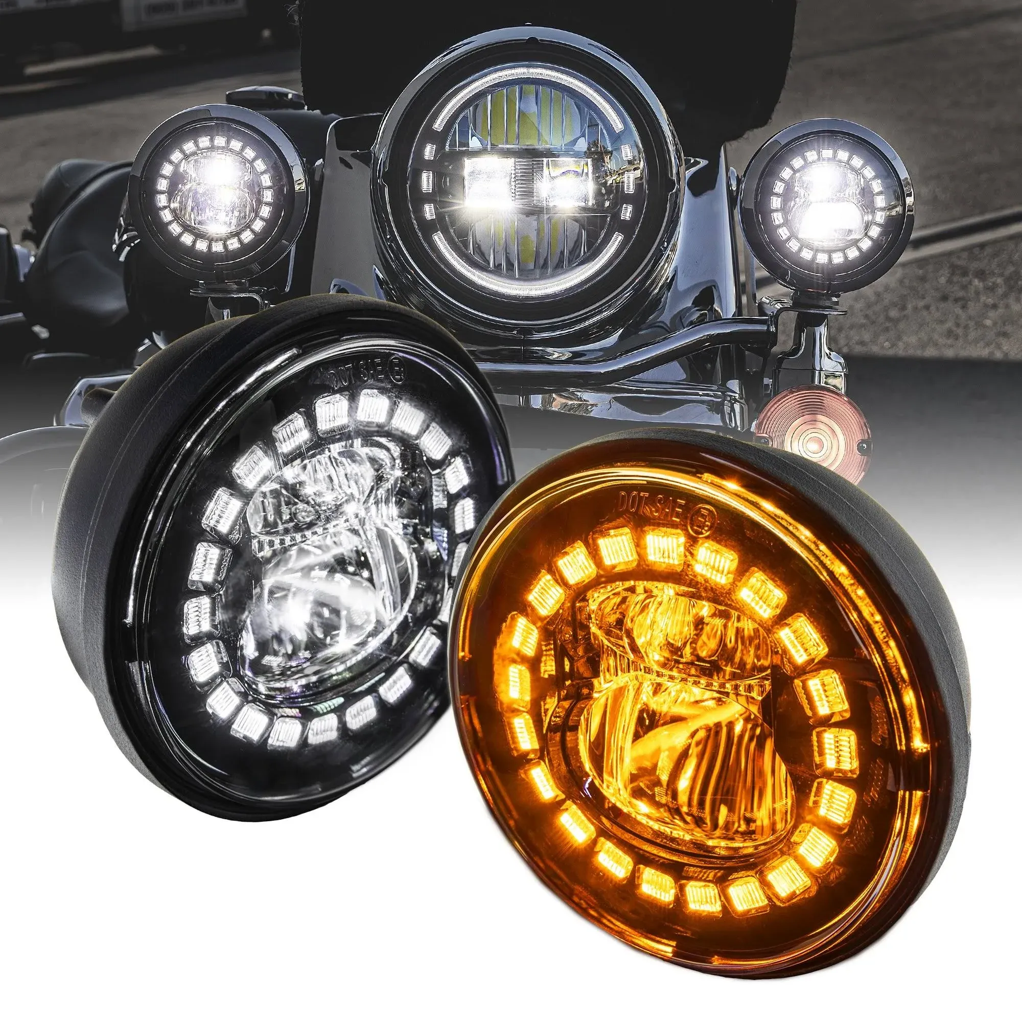 Black 4.5” HALO LED Fog Passing Lamp Lights w/ Turn Signal for Harley Davidson