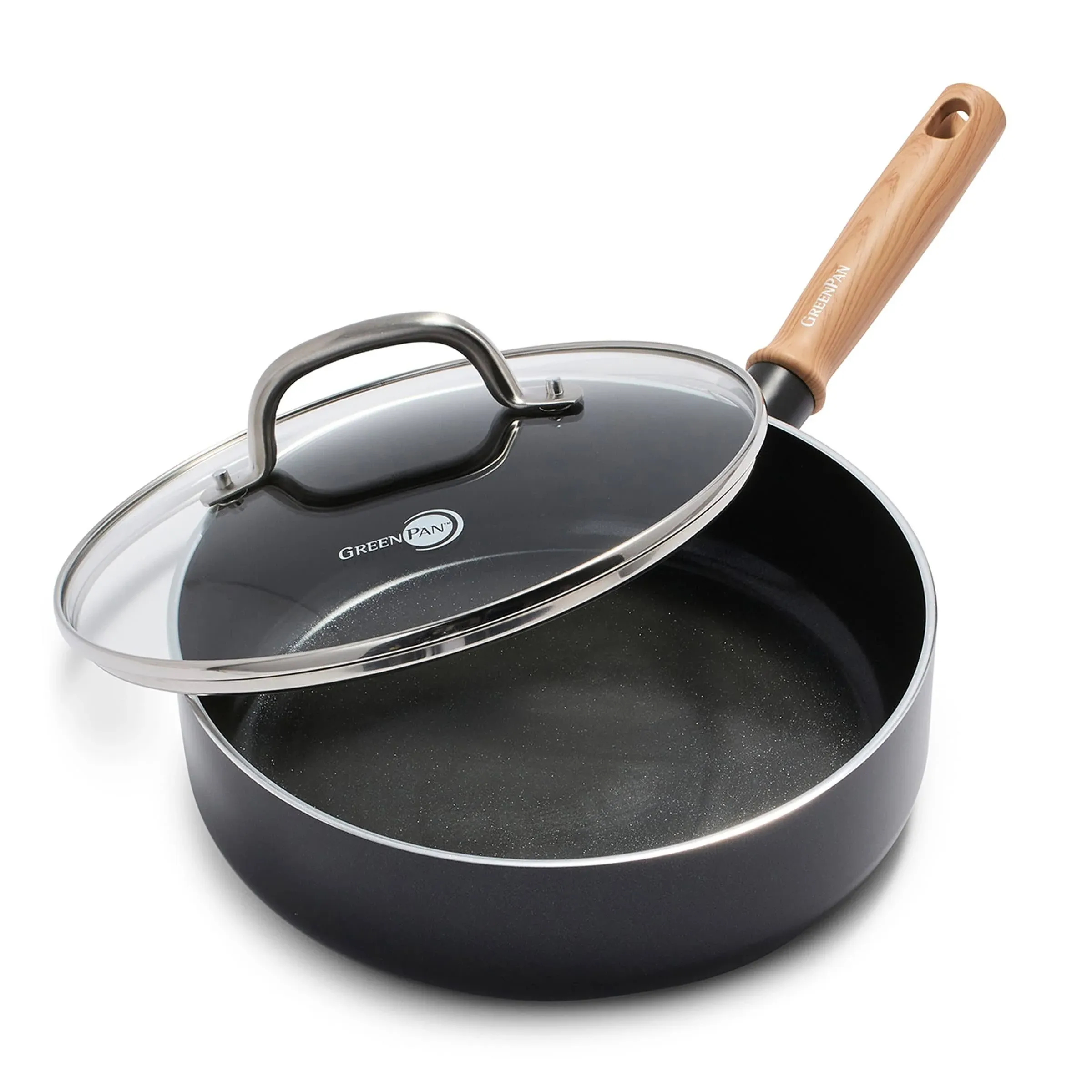 GreenPan Hudson Healthy Ceramic Nonstick, 1.6 QT Saucepan Pot, Vintage Wood Inspired Handle, PFAS-Free, Dishwasher Safe, Black