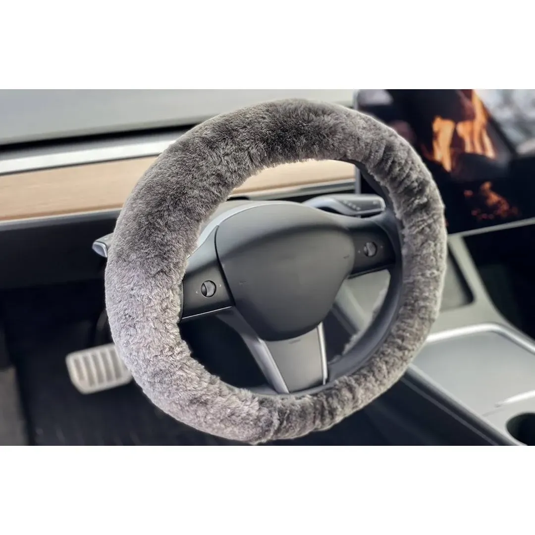 Natural Sheepskin Steering Wheel Cover for Women and Men | 100% Genuine Sheepskin Wool Furry 15” Universal Fit Steering Wheel Covers with Elastic Piping on Edges (Carbon Grey)