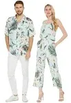 Matchable Couple Hawaiian Luau Shirt or V-Neck Jumpsuit with Pockets in Wispy Cereus Light Blue