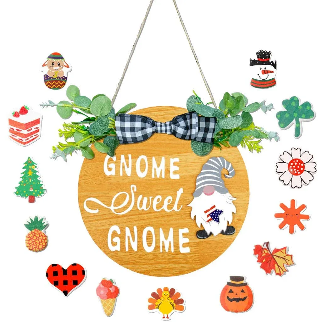 Interchangeable seasonal Gnome decor welcome sign, Goldasong 12 Inches Gnome season decoration, Wooden Sign with Buffalo Plaid Bow, thanksgiving Wreath (Brown)