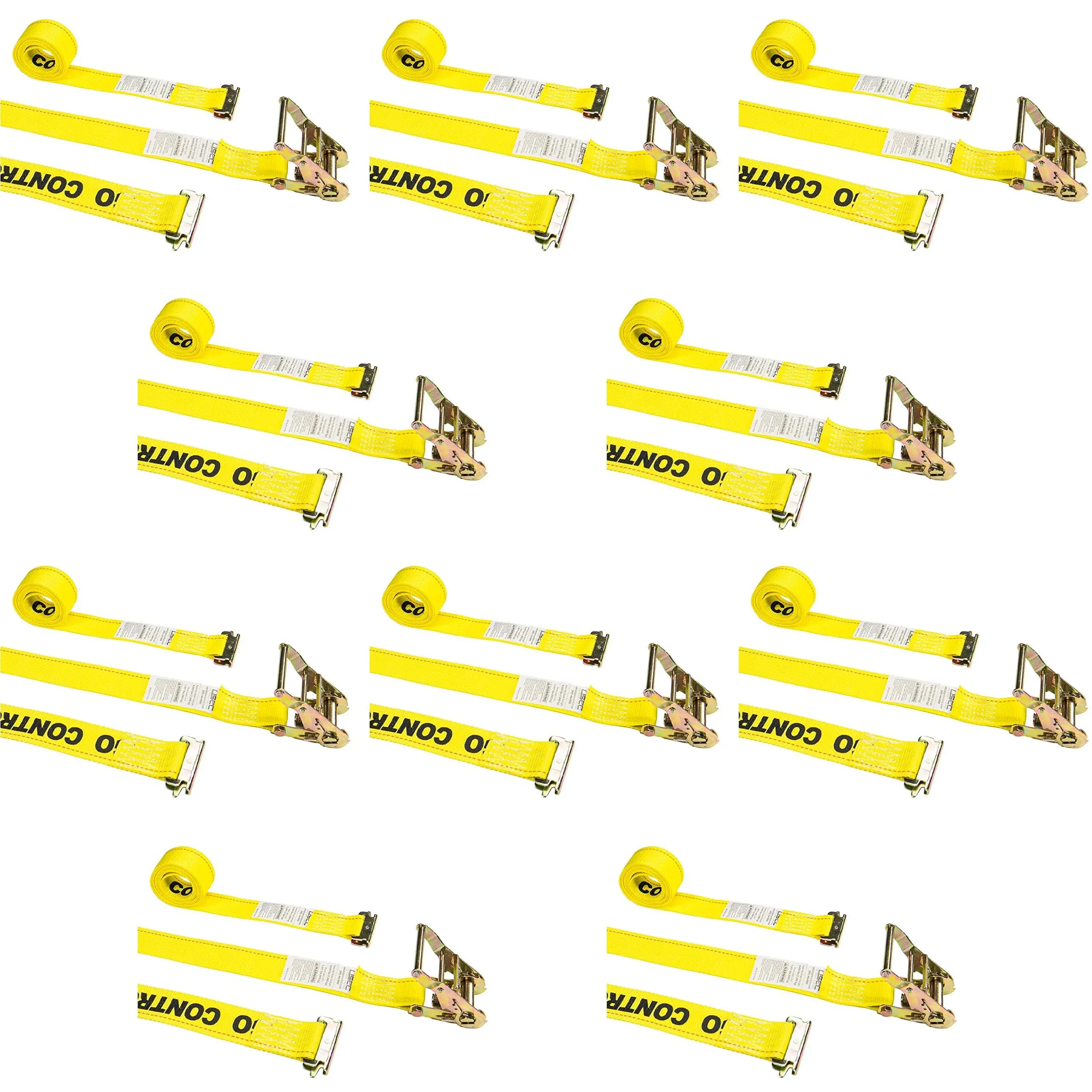 US Cargo Control E-Track Ratchet Straps (10-Pack), 2 Inch x 12 Foot Heavy Duty Yellow E-Track Straps with 4 Foot Fixed End and Spring E-Fittings, 1,467 lbs. Working Load Limit, Logistic Ratchet Straps