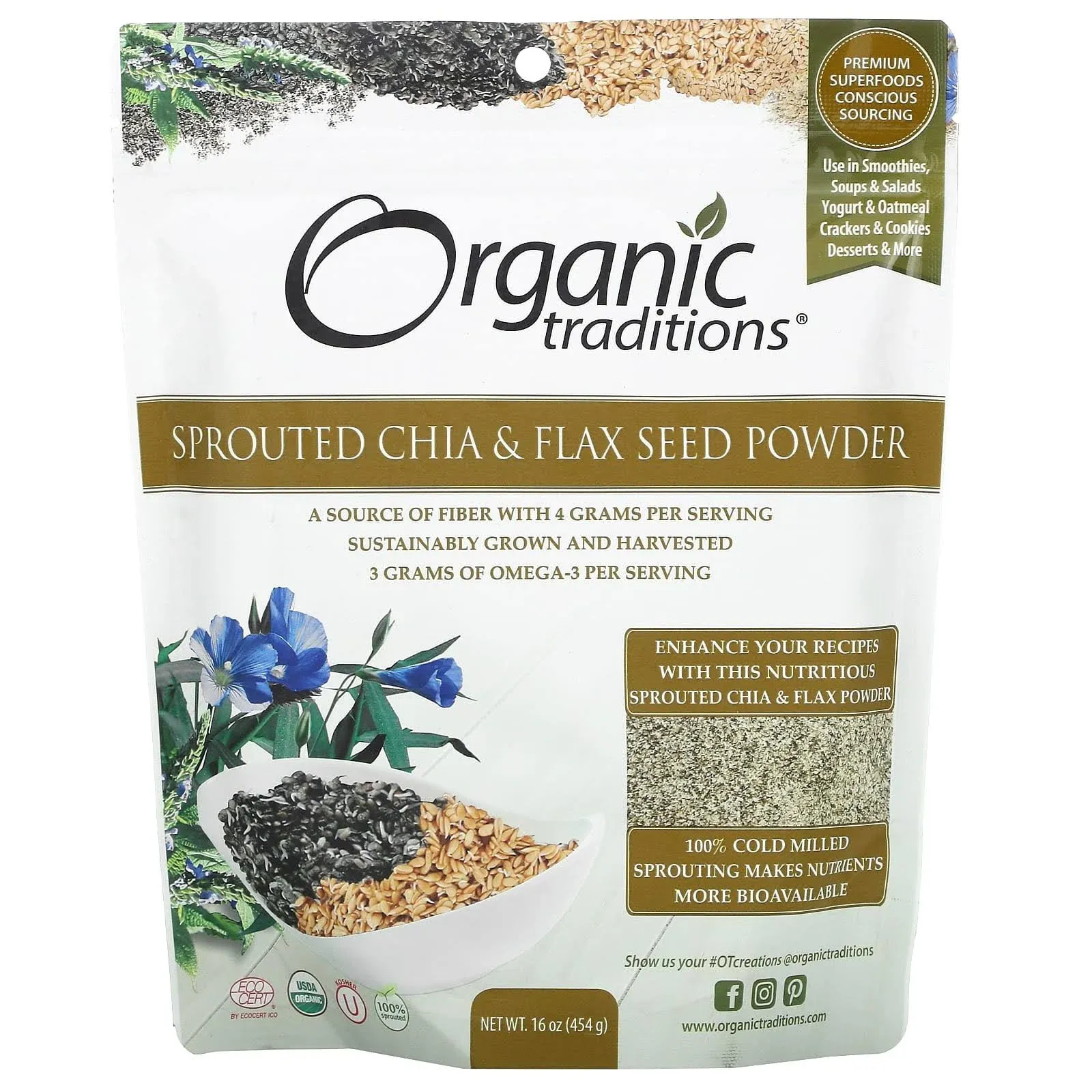 Organic Traditions Sprouted Chia and Flax Seed Powder Organic Chia and Organic F