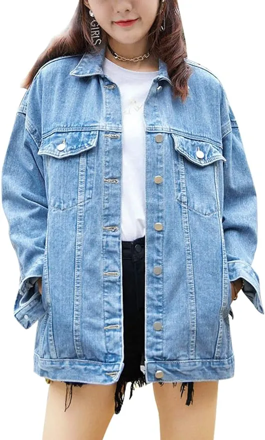 Omoone Women's Oversized Mid Long Denim Jacket Jean Biker Coat