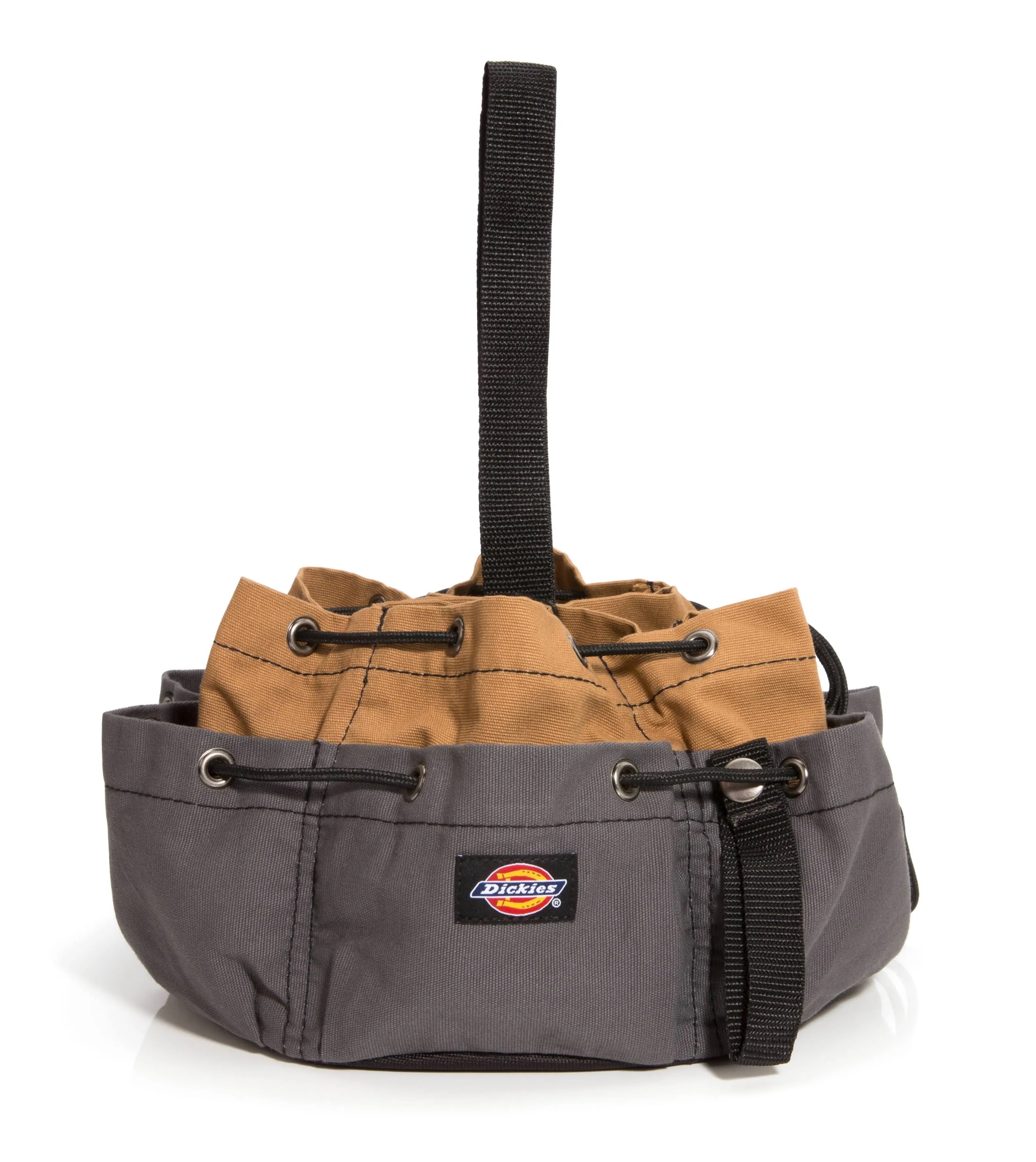 Dickies 12-Pocket Drawstring Work/Tool Bag, Heavy-Duty Drawstrings for Quick-Closure, Snap-Secured Tape Strap, Durable Canvas Construction, Grey/Tan