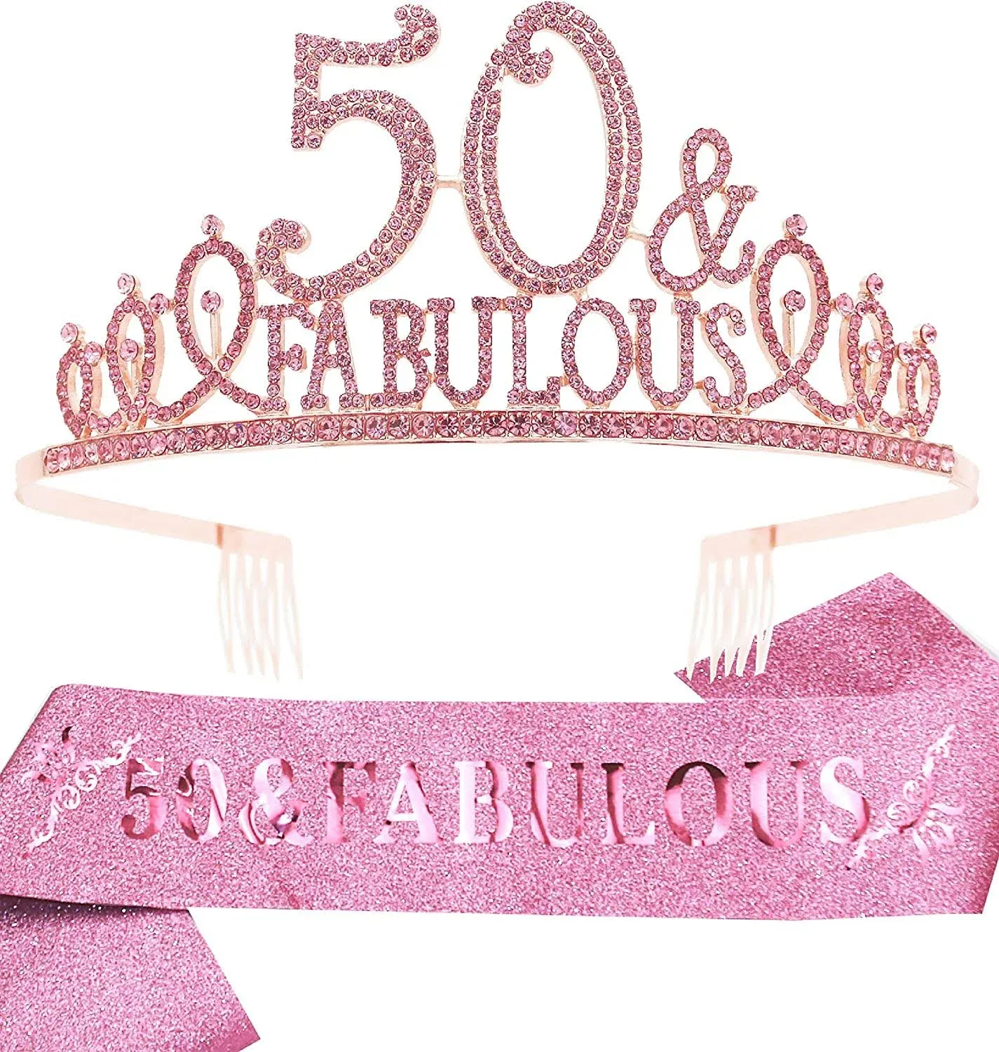 50th Birthday Sash and Tiara for women, 50 & Fabulous Birthday Sash Crown 50th Sash and Tiara for Women, Rose Gold Sash and Tiara