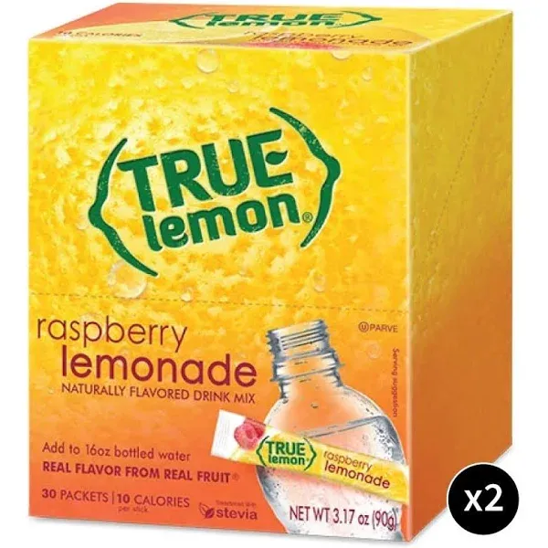 Daily Essentials True Lemon Lemonade Drink Mix 2 Bulk Boxes - 30ct Each (60 stick packets total) (True Lemon Raspberry Lemonade, 60 Packets)