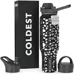 COLDEST Sports Water Bottle - 3 Lids (Chug Lid, Straw Lid, Handle Lid) Tumbler with Handle on Lid Water Bottles Cup Vacuum Insulated Stainless Steel, Fits Cirkul Lid (46 oz, Shadow Leopard)