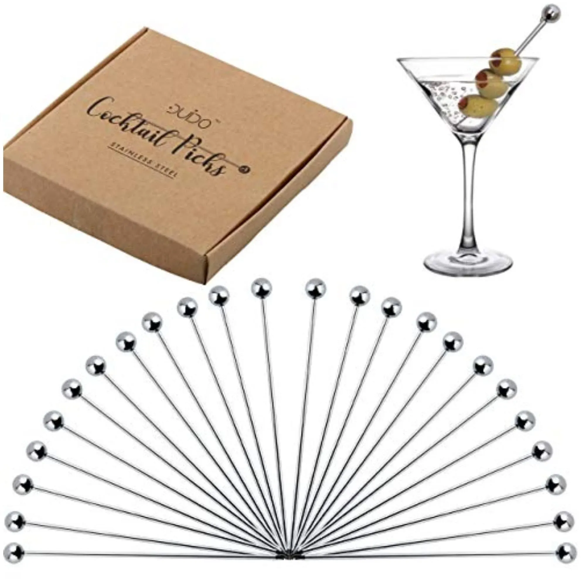 Premium Stainless Steel Cocktail Picks - 24 Pack / 4 Inch - Cocktail Skewers for Drinks