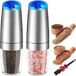 Electric Salt and Pepper Grinder Set, Automatic Gravity Salt and Pepper Mill with Adjustable Coarseness, Salt and Pepper Shakers Battery Powered with LED Light, One Hand Operation