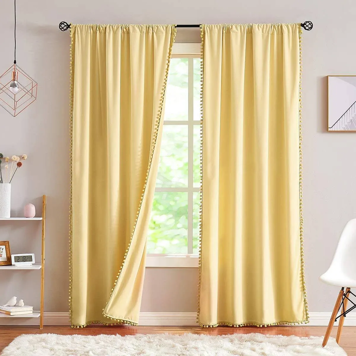 Treatmentex Pompom Velvet Yellow Curtains for Bedroom Living Room 84" Long Luxury Window Draperies for Children's Bedroom 2 Panels Rod Pocket