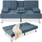 Best Choice Products Modern Linen Convertible Futon Sofa Bed w/ Removable Armrests, Metal Legs, Cupholders - Blue