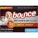 Bounce Pet Hair and Lint Guard Mega Dryer Sheets, Fresh Scent - 210 ct