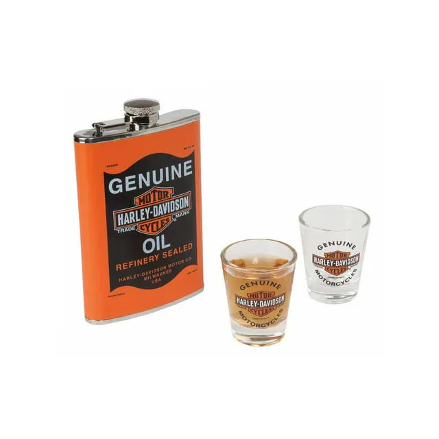 Harley-Davidso<wbr/>n Genuine Oil Can Hip Flask &amp; Shot Glass Gift Set HDL-18557 NEW