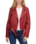 Levi Women's Faux Leather Belted Moto Jacket - Deep Red - S